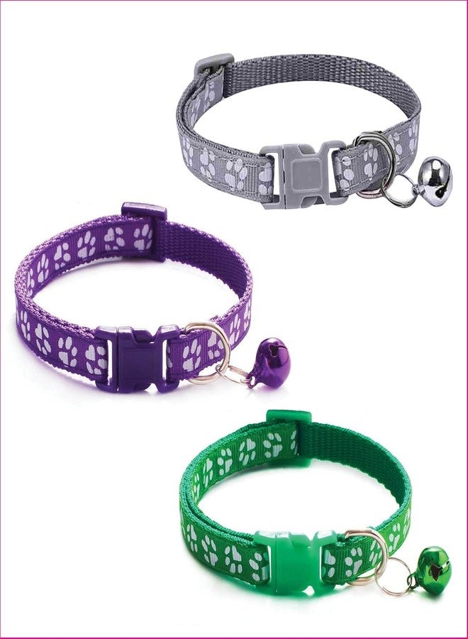 D&C PAWS Cat Collars with Bell | Soft Adjustable Breakaway Collars for Cats, Kittens & Small Dogs | Safe, Comfortable, Cute Paw Print Design Pet Collars (Set of 3-Grey,Purple,Dark Green) - Image 1